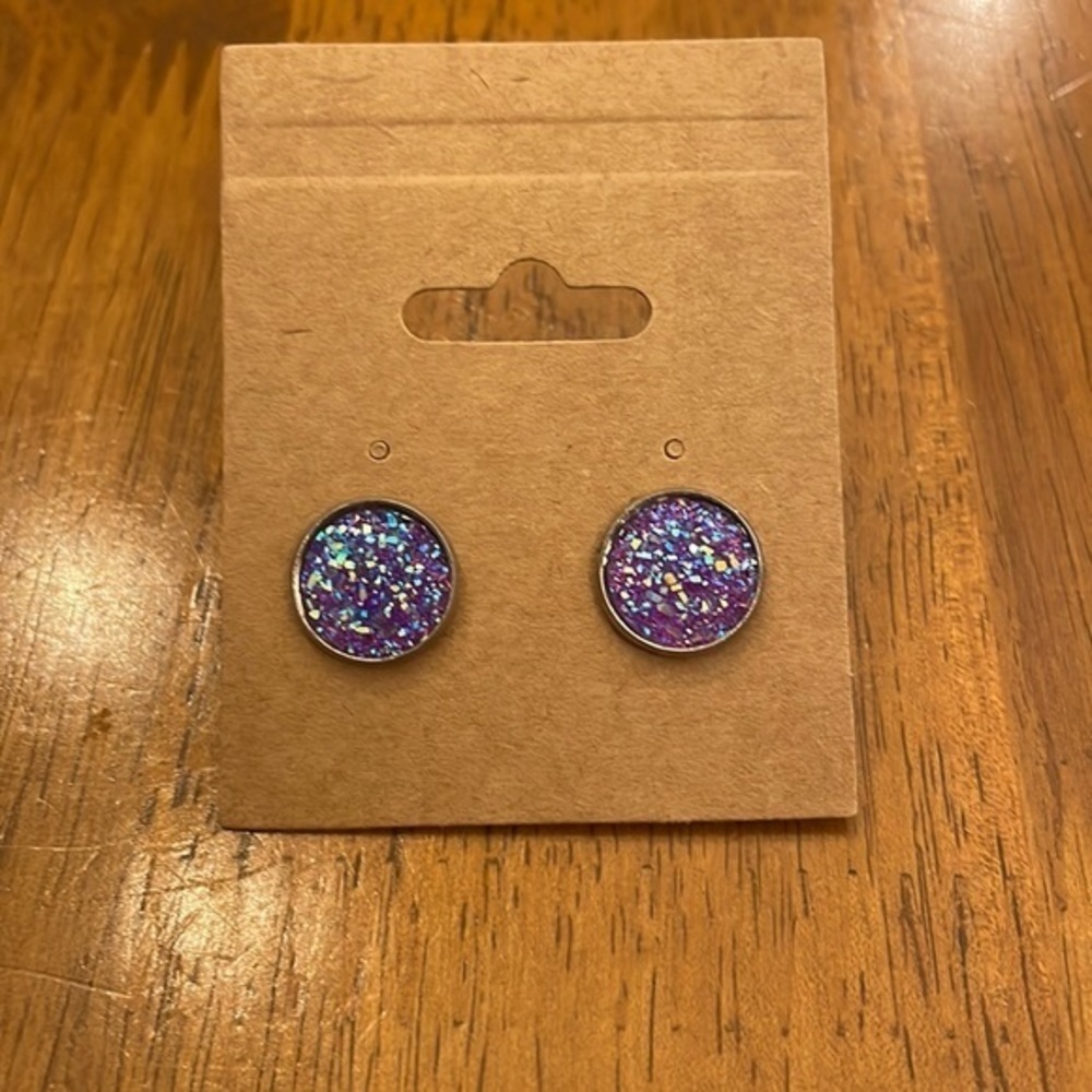 Purple and teal sparkle 12mm stud earrings - Picture 2 of 3